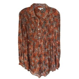 beachlunchlounge Burnt Orange Navy Pintuck Popover Tunic Longsleeve Top Sz XL